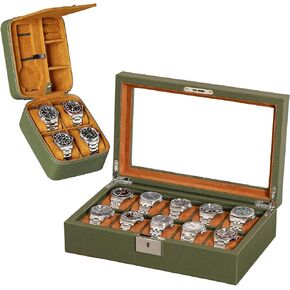 ROTHWELL Gift Set 10 Slot Leather Watch Box & Matching 5 Watch Travel Case - Luxury Watch Case Display Organizer, Locking Mens Jewelry Watches Holder, Men's Storage Boxes Glass Top Green/Tan