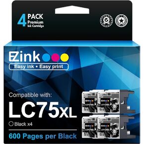 E-Z Ink Compatible Ink Cartridge Replacement for Brother LC-75 XL LC75 XL LC-71 XL LC71XL High Yield Compatible with MFC-J6510DW MFC-J6710DW MFC-J6910DW MFC-J280W MFC-J425W(Black,4 Pack)