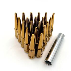 LJAUTOJK M14x1.5 Wheel Spike Lug Nuts, 20PCS Anti-Theft Wheel Stud Nuts, Cone/Conical Seat, Gold Closed End Nuts with 1 Socket Key for Chevy Silverado Aftermarket Wheel