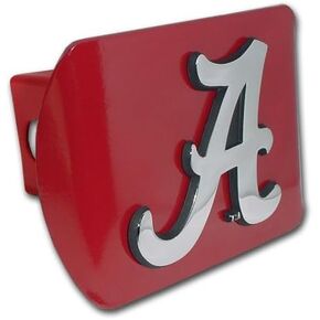 University of Alabama Red with Chrome Crimson Tide Script A Metal Trailer Hitch Cover Fits 2 Inch Auto Car Truck Receiver with NCAA College Sports