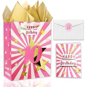 10th Birthday Gift Bag with Tissue Paper,13" Pink Birthday Gift Bag with Card and Tissue Paper,Birthday Gifts for 10 Year Old Girl (10 Years Old)
