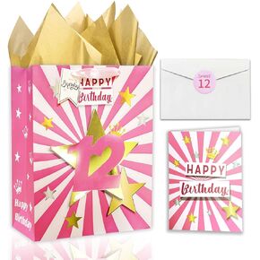 10th Birthday Gift Bag with Tissue Paper,13" Pink Birthday Gift Bag with Card and Tissue Paper,Birthday Gifts for 10 Year Old Girl (10 Years Old)