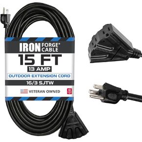 Iron Forge Cable 50 Ft Black Extension Cord with 3 Outlet, 16/3 Weatherproof 50’ Outdoor Extension Cord Multiple Outlets, 50 Foot 3 Prong Cable, Great for Outdoor Lights, Landscaping & Lawn