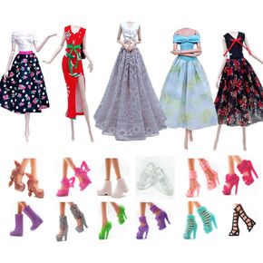 Fashion Doll Clothes Dress and Accessories 5 Sets Doll Dress Outfits + 12 Pairs Random Style Shoes for 11.5" Girl Dolls (Style C)