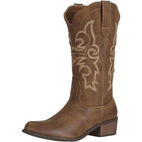 J's.o.l.e Western Cowgirl Cowboy Boots for Women Mid Wide Calf Pointed Toe Fashion Brown Black Boots