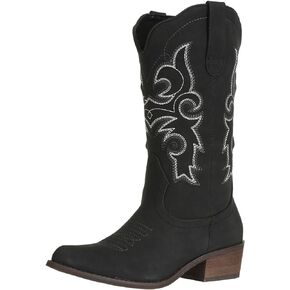J's.o.l.e Western Cowgirl Cowboy Boots for Women Mid Wide Calf Pointed Toe Fashion Brown Black Boots