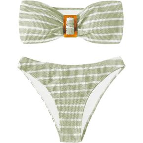 GORGLITTER Women's 2 Piece Strapless Swimsuit Striped Bandeau High Waisted Thong Bikini Set Bathing Suit