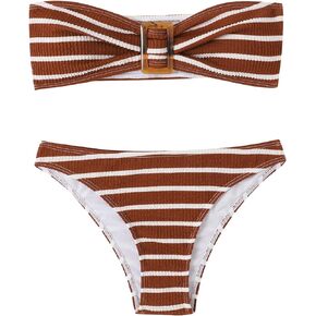 GORGLITTER Women's 2 Piece Strapless Swimsuit Striped Bandeau High Waisted Thong Bikini Set Bathing Suit