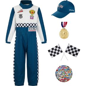 Kosgraiy Race Car Driver Costume Boy Girl,Kid Racer Jumpsuit with Car Cap,Toddler Racing Costume Halloween with Accessories