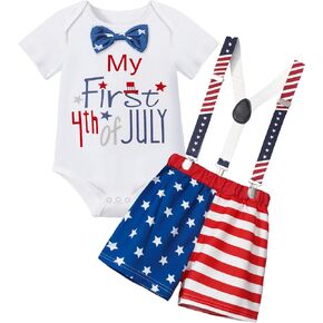 WIQI 4th Of July Baby Boy Outfit Newborn Short Sleeve Romper +Suspender Flag Pattern Shorts 3pcs Baby Boy 4th Of July Outfit