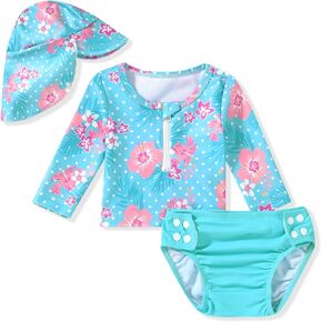 HINTINA Newborn Baby Girl Long Sleeve 2-Pieces Swimsuit Bathing Suit with Hat