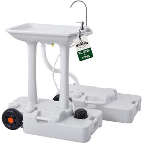 Hike Crew XL Portable Camping Sink & Waste Tank | Extra Large Hand Washing Station with 8 Gal Capacity, Hands-Free Foot Pump, Faucet, Soap Dispenser & Towel Rack | Includes 10 Gal Travel Waste Tank