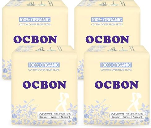 فوط صحية رفيعة للغاية عادية من OCBON - غطاء من قطن تكساس العضوي بنسبة 100% مع أجنحة (25 سم، 64 قطعة) in Saudi Arabia