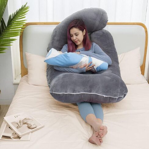 وسائد الحمل MAGIC ELEPHANT مقاس 60 بوصة للنوم، وسادة جسم قابلة للفصل على شكل حرف U لدعم البطن والظهر، وسادة أمومة للنساء الحوامل مع غطاء مخملي (رمادي داكن) in Kuwait