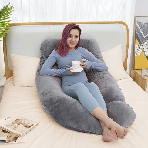 وسائد الحمل MAGIC ELEPHANT مقاس 60 بوصة للنوم، وسادة جسم قابلة للفصل على شكل حرف U لدعم البطن والظهر، وسادة أمومة للنساء الحوامل مع غطاء مخملي (رمادي داكن) in Kuwait