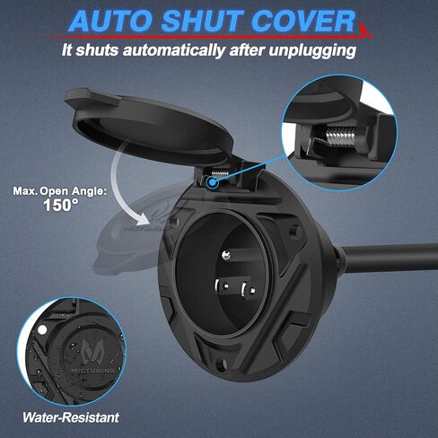 MICTUNING 10A-15A AC Port Plug, 125V Power Inlet Socket with Integrated 20-Inch Extension Cord & Waterproof Auto Shut Cover, Cable Clips & Screws - Black in Saudi Arabia