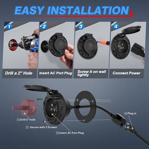 MICTUNING 10A-15A AC Port Plug, 125V Power Inlet Socket with Integrated 20-Inch Extension Cord & Waterproof Auto Shut Cover, Cable Clips & Screws - Black in Saudi Arabia