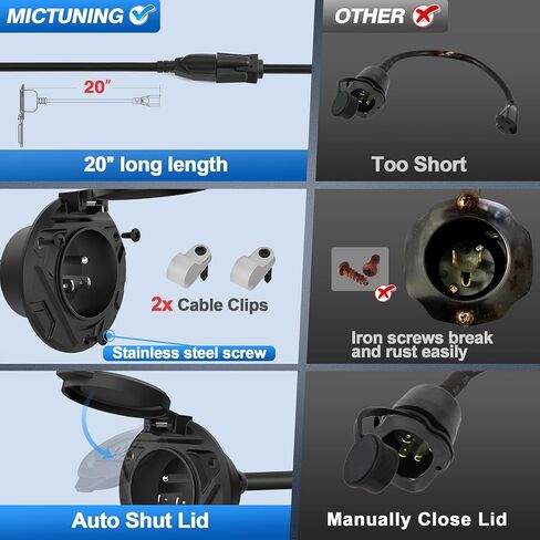 MICTUNING 10A-15A AC Port Plug, 125V Power Inlet Socket with Integrated 20-Inch Extension Cord & Waterproof Auto Shut Cover, Cable Clips & Screws - Black in Saudi Arabia