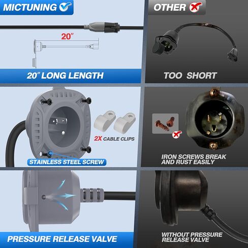 MICTUNING 10A-15A AC Port Plug, 125V Power Inlet Socket with Integrated 20-Inch Extension Cord & Waterproof Auto Shut Cover, Cable Clips & Screws - Black in Saudi Arabia