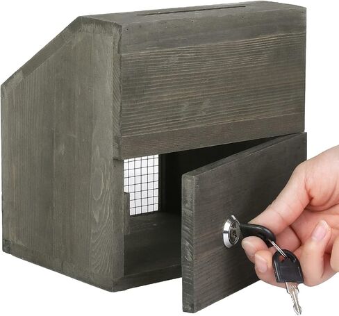 MyGift Vintage Gray Solid Wood Comment and Donation Box with Lock and Rustic Wire Front Panel, Multipurpose Drop Box for Restaurant Tip, Votes, Suggestion Box, Card Box with Chalkboard Sign in Saudi Arabia