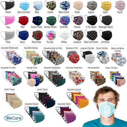 WECARE Disposable Face Mask Individually Wrapped - 50 Pack, Printed Masks - 3 Ply in Saudi Arabia