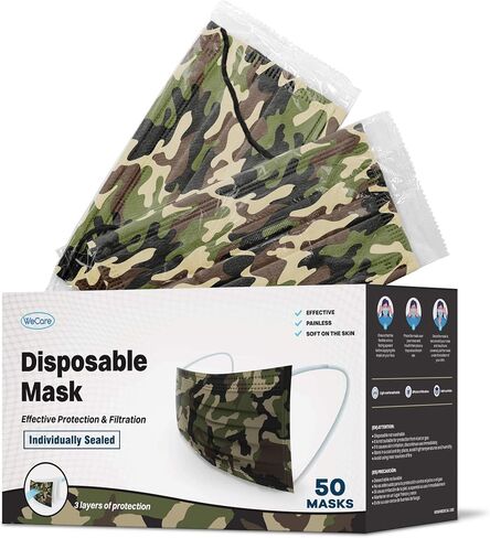 WECARE Disposable Face Mask Individually Wrapped - 50 Pack, Printed Masks - 3 Ply in Saudi Arabia