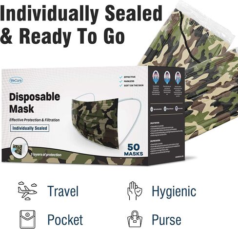 WECARE Disposable Face Mask Individually Wrapped - 50 Pack, Printed Masks - 3 Ply in Saudi Arabia