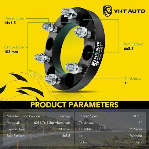 YHTAUTO 6x5.5 Wheel Spacers 1 inch Fits Chevrolet Silverado, Tahoe, C/K, GMC Sierra,Yukon, Cadillac Escalade, Forged 6x139.7mm Tire Spacers 25mm with M14x1.5 Studs 108mm Hub Bore 2Pcs, Black in Saudi Arabia