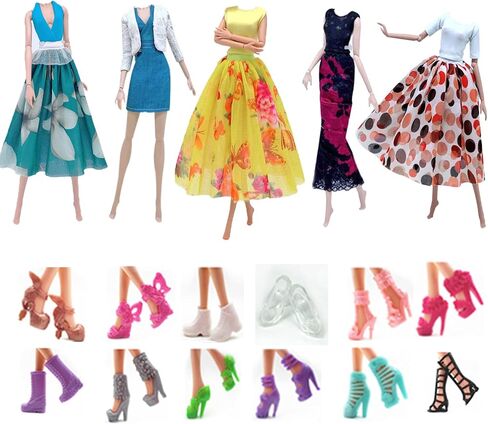 Fashion Doll Clothes Dress and Accessories 5 Sets Doll Dress Outfits + 12 Pairs Random Style Shoes for 11.5" Girl Dolls (Style C) in Saudi Arabia