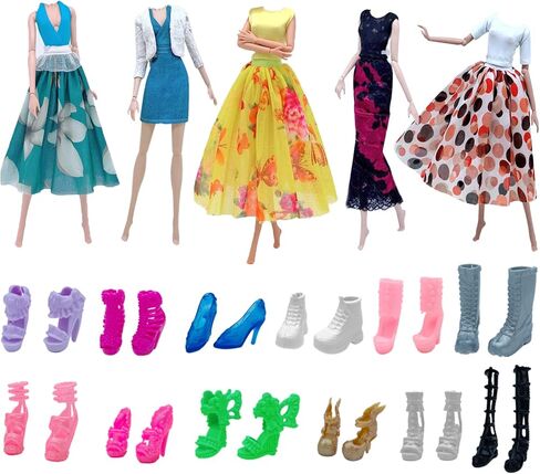 Fashion Doll Clothes Dress and Accessories 5 Sets Doll Dress Outfits + 12 Pairs Random Style Shoes for 11.5" Girl Dolls (Style C) in Saudi Arabia