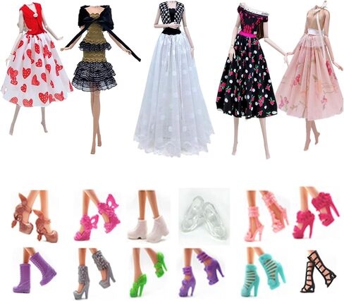 Fashion Doll Clothes Dress and Accessories 5 Sets Doll Dress Outfits + 12 Pairs Random Style Shoes for 11.5" Girl Dolls (Style C) in Saudi Arabia
