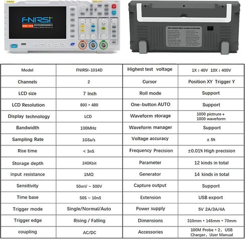 2 Channel Oscilloscope ADS1014D, 2in1 Oscilloscope and Signal Generator, 100MHz, Built-in 1GB Storage Space, ANA-Log Bandwidth, 1GSA/S Sampling Rate Intelligent Anti-Burn in Saudi Arabia