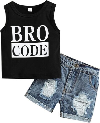 Baby Toddler Boys Summer Outfit Set Sleeveless Vest Bro Code Letter Print Tank Tops with Ripped Denim Shorts in Saudi Arabia