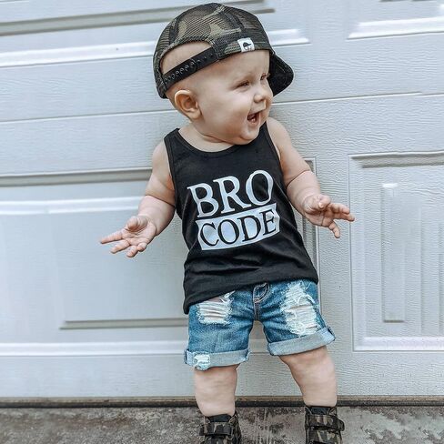 Baby Toddler Boys Summer Outfit Set Sleeveless Vest Bro Code Letter Print Tank Tops with Ripped Denim Shorts in Saudi Arabia