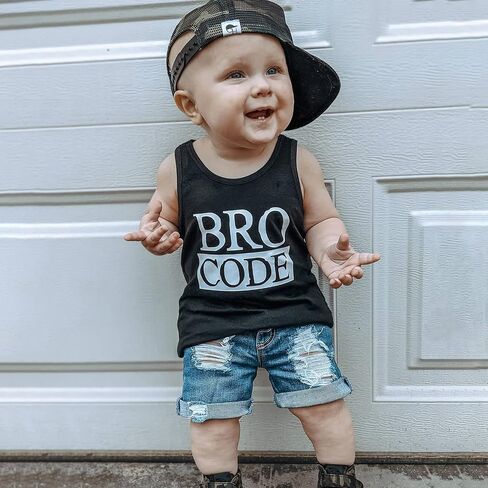 Baby Toddler Boys Summer Outfit Set Sleeveless Vest Bro Code Letter Print Tank Tops with Ripped Denim Shorts in Saudi Arabia