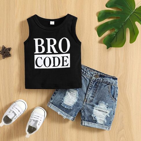 Baby Toddler Boys Summer Outfit Set Sleeveless Vest Bro Code Letter Print Tank Tops with Ripped Denim Shorts in Saudi Arabia