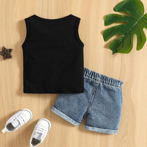 Baby Toddler Boys Summer Outfit Set Sleeveless Vest Bro Code Letter Print Tank Tops with Ripped Denim Shorts in Saudi Arabia
