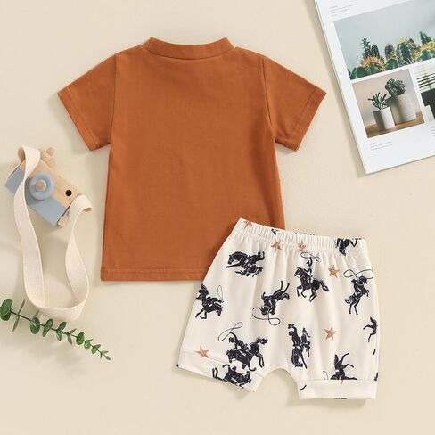 Infant Baby Boy Farm Clothes Western Cow/Animals Farm Themed Shirt Top Solid Short Pant 2Pcs Summer Short Outfits in Saudi Arabia