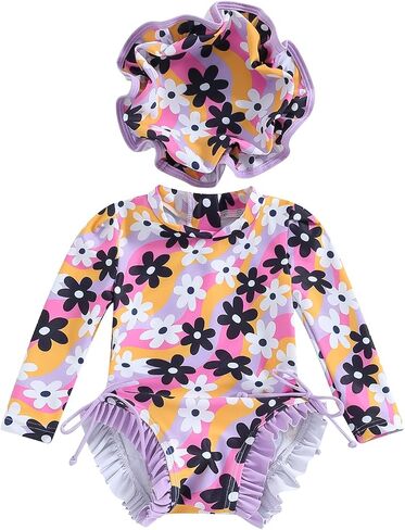 Toddler Baby Girl One Piece Swimsuit Long Sleeve Rash Guard Swimwear Summer Bathing Suit in Saudi Arabia