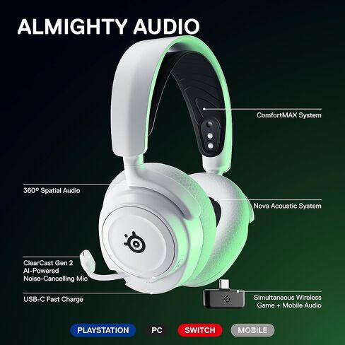 Arctis Nova 7x اللاسلكي ألعاب متعددة الأنظمة وسماعات الرأس المحمولة - نظام Nova Acoustic - 2.4 جيجا هرتز + بلوتوث - بطارية 38 ساعة - USB -C - Clearcast Gen2 MIC - Xbox Series X | S ، PS5 ، Switch - White - White in Saudi Arabia