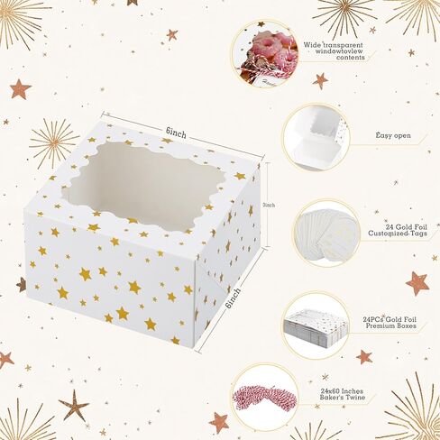 24 مجموعة من صناديق بسكويت عيد الميلاد مع حلوى نافذة ومعجنات مقاس 9 × 6 × 3 بوصات حاوية صناديق مخبز ذهبية لتقديم الهدايا بالفراولة المغطاة بالشوكولاتة في عيد الميلاد، والدونات، وصناديق تغليف الكعك الصغيرة in Kuwait