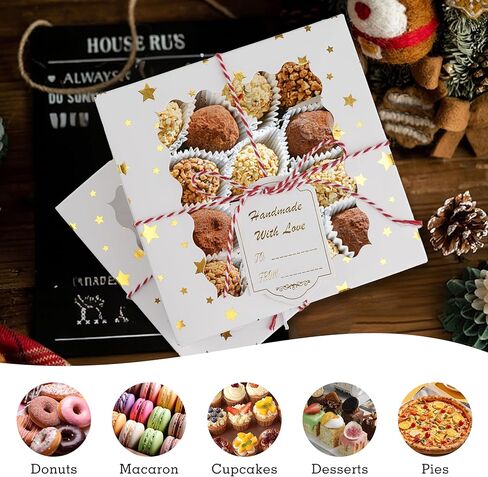 24 مجموعة من صناديق بسكويت عيد الميلاد مع حلوى نافذة ومعجنات مقاس 9 × 6 × 3 بوصات حاوية صناديق مخبز ذهبية لتقديم الهدايا بالفراولة المغطاة بالشوكولاتة في عيد الميلاد، والدونات، وصناديق تغليف الكعك الصغيرة in Kuwait