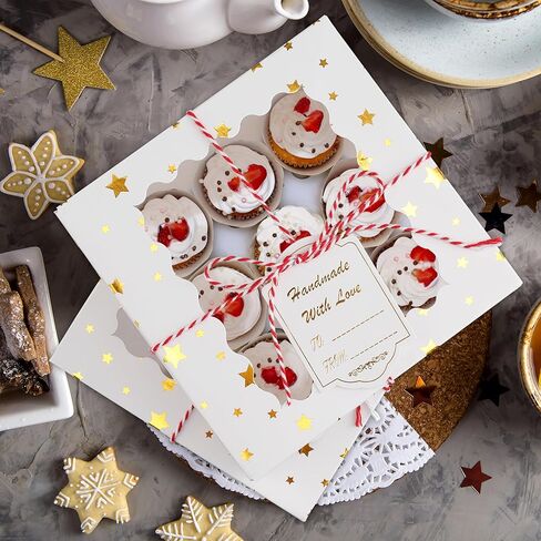 24 مجموعة من صناديق بسكويت عيد الميلاد مع حلوى نافذة ومعجنات مقاس 9 × 6 × 3 بوصات حاوية صناديق مخبز ذهبية لتقديم الهدايا بالفراولة المغطاة بالشوكولاتة في عيد الميلاد، والدونات، وصناديق تغليف الكعك الصغيرة in Kuwait