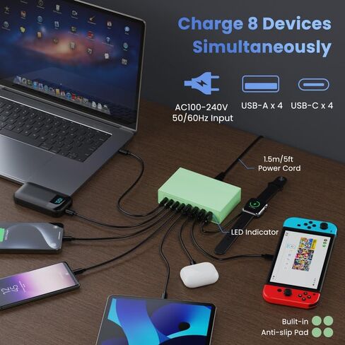 120W USB C Charger Block مع 2 كبلات قابلة للسحب ، 4-in-1 GAN IV ، محطة شاحن الجدار القابلة للطي ، محول الكمبيوتر المحمول PD 65W لـ MacBook/iPad ، iPhone 16/15/14 ، Galaxy S24 ، Android إلخ in Kuwait