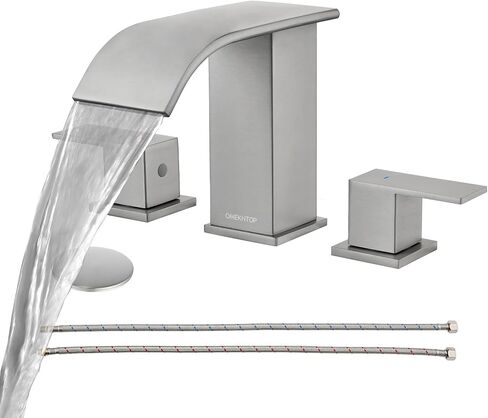 Brushed Nickel Bathroom Faucet 3 Hole, OMEKNTOP 8 Inch Waterfall Bathroom Faucet with Overflow Pop Up Drain and cUPC Hose, Two Handle Bathroom Sink Faucet for Basin Lavatory Vanity in Saudi Arabia