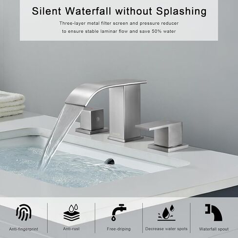 Brushed Nickel Bathroom Faucet 3 Hole, OMEKNTOP 8 Inch Waterfall Bathroom Faucet with Overflow Pop Up Drain and cUPC Hose, Two Handle Bathroom Sink Faucet for Basin Lavatory Vanity in Saudi Arabia