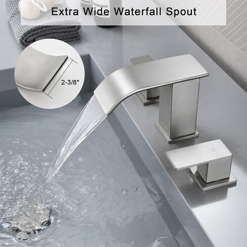 Brushed Nickel Bathroom Faucet 3 Hole, OMEKNTOP 8 Inch Waterfall Bathroom Faucet with Overflow Pop Up Drain and cUPC Hose, Two Handle Bathroom Sink Faucet for Basin Lavatory Vanity in Saudi Arabia