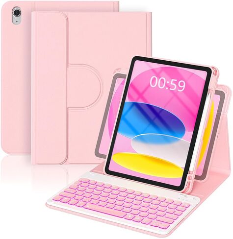 YBING for iPad A16 Case with Keyboard 11th & 10th Generation Dedicated | 7-Color Backlit Wireless Detachable Keyboard & 360° Rotating Cover (iPad Placed Horizontal or vertical) with Pencil Holder in Kuwait