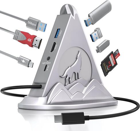 Wolf USB C Hub, Pink 8-in-1 USBC Multiport Adapter Hub with 4K@30Hz HDMI, 100W Power Delivery, 5Gbps USB-C, 3 USB-A 3.0, SD/TF Slots, Base-Stand, RGB Type C Hub for MacBook Pro/Air, iMac, HP, XPS in Saudi Arabia