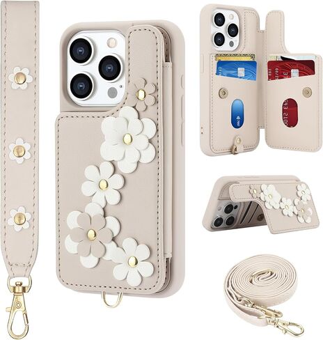 متوافق مع iPhone 15 Wallet Case مع حامل بطاقة للنساء ، Kickstand ، Crossbody Lanyard ، Wrist Strap Flower Flower Cover المصمم لـ iPhone 15 6.1 "، Beige in Kuwait